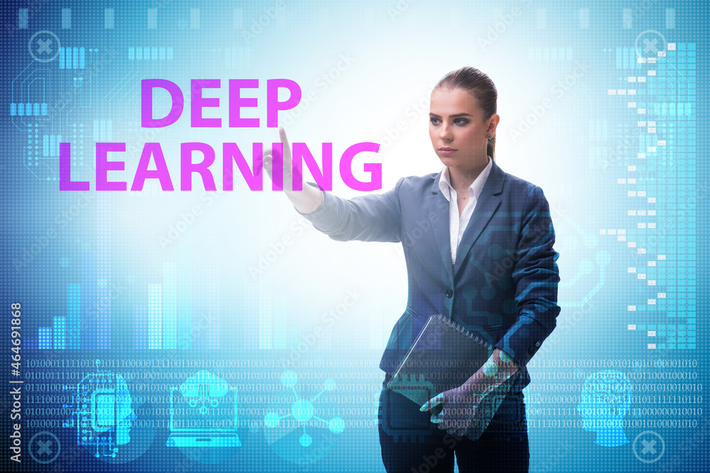 Poster deep learning concept with businessman pressing button