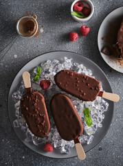Different types of chocolate and vanilla ice cream on a stick in a plate.
