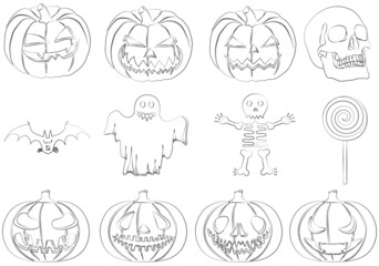 Fototapeta premium Halloween pumpkins, skull, bat, skeleton, ghost and lollipop silhouettes vector illustration