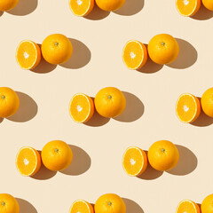 Fruit pattern of fresh ripe slice orange on yellow background. Top view, copy space for your text. Fruit composition, healthy concept.