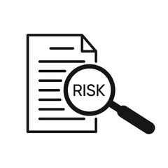 Risk Word Magnifying Glass icon in black flat design on white background, Risk Managment icon