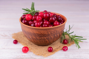 Cranberries in a bowl on a white background.
Close-up.