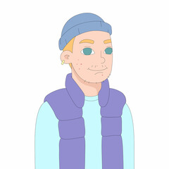 Cheerful blonde-haired boy with pimples. Vector illustration of a smiling teenager. Cartoon-style picture isolated on white background