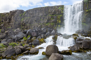 Fototapeta na wymiar Oxararfoss waterfall summer day view, Thingvellir, Iceland