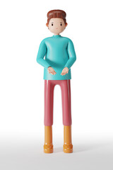 3D rendering of young boy standing smiling man open hands and wearing blue shirt,  pink pant and yellow boot shoes isolated on white background with clipping path