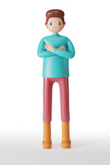 3D rendering of young boy standing  embrace and wearing blue shirt,  pink pant and yellow boot shoes isolated on white background with clipping path