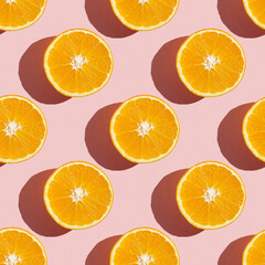 Fruit pattern of fresh ripe slice orange on pink background. Top view, copy space for your text. Fruit composition, healthy concept.