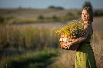 A young woman with a basket full of herbs stands by a dirt road and brews backwards. Common goldenrod and winterberry.