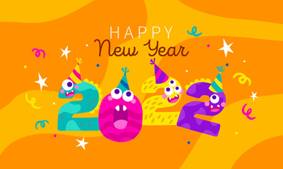 Vector 2022 New Year. Hand drawn Monster Doodle Date