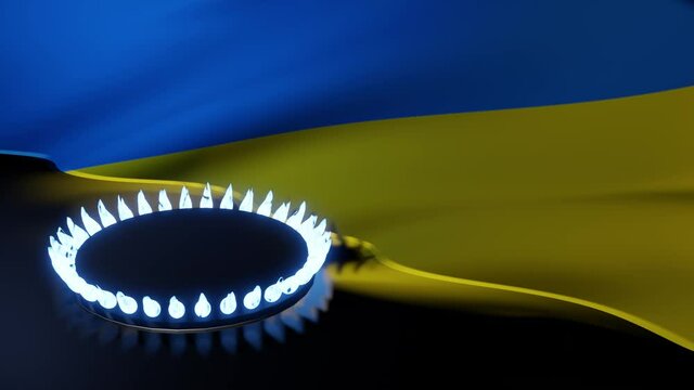 3d render. Burning gas burner against the background of the Ukrainian flag. Gas price increase concept. economic problems due to rising gas prices.