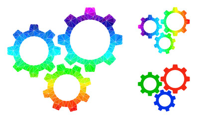 lowpoly gear box icon with spectral colored. Rainbow vibrant polygonal gear box vector is combined from randomized vibrant triangles. Flat geometric 2d modeling illustration is based on gear box icon.