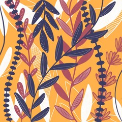 Botanical color pattern wallpaper textile poster. Leaves, flowers illustration