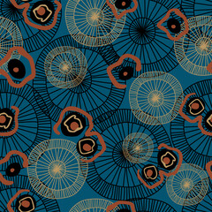 Seamless abstract pattern on a dark blue background. Dark red spots, black and ocher circles with lines. Floral, elegant print for your design. Linear art. Vector illustration.