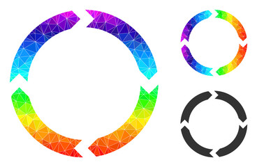 lowpoly rotation icon with rainbow vibrant. Rainbow colored polygonal rotation vector filled with random bright triangles. Flat geometric lowpoly illustration is designed by rotation icon.