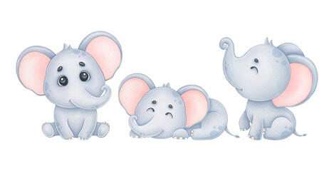 Watercolor cute elephants, kids illustration for print
