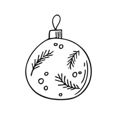 Doodle Christmas ball,hand drawn decoration,New Year toy,festive element.Use for holiday cards,coloring book, posters,banners,calendars,print.Outline drawing picture.Isolated.Vector illustration