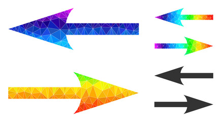 lowpoly horizontal exchange arrows icon with spectrum vibrant. Rainbow vibrant polygonal horizontal exchange arrows vector is combined from randomized vibrant triangles.
