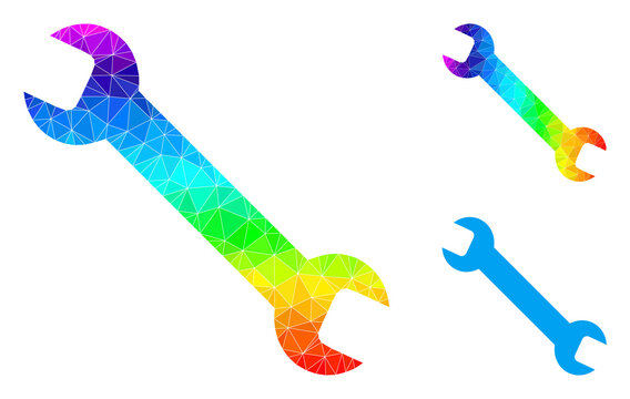 lowpoly wrench icon with spectrum colorful. Rainbow vibrant polygonal wrench vector is designed with random vibrant triangles. Flat geometric polygonal illustration is created from wrench icon.