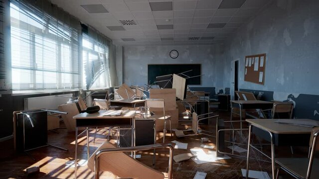 Demolished classroom with overturned desks and chairs. Damaged teaching class.