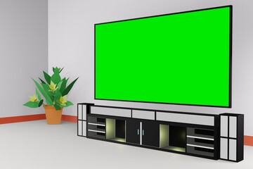 green screen tv on the wall with audio set as a background for product presentation