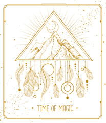 Modern magic witchcraft card with dream Catcher and mountains landscape with crescent. Vector illustration