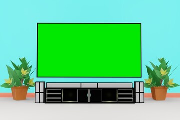 green screen tv on the wall with audio set as a background for product presentation