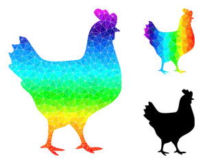 lowpoly walking chicken icon with spectral colorful. Spectral colorful polygonal walking chicken vector combined of random bright triangles.