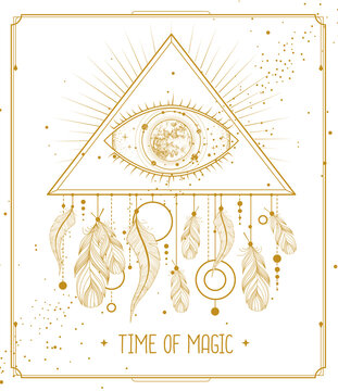 Modern magic witchcraft card with dream Catcher and eye in triangle. Vector illustration