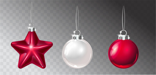 Vector realistic Christmas decorations on a light abstract background. Glass sphere and sparkling star.