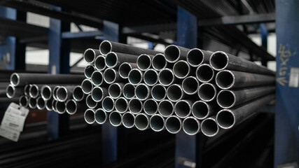 Closeup of gray Industrial steel pipes in a factory