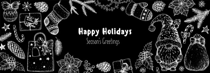 Christmas greeting card. Illustration for a festive Christmas mood. Hand drawn sketch. Vintage design elements. Vector illustration. Invitation design template. Sketch collection.