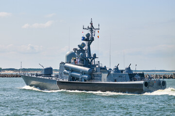 Missile boat during naval exercises and parade, guided missile destroyer in Baltic Sea, warship