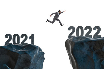 Man jumping from year 2021 to 2022