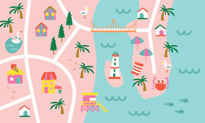 beach town road map, pattern with house and tree, cute backgrounds and wallpaper, illustration for child.