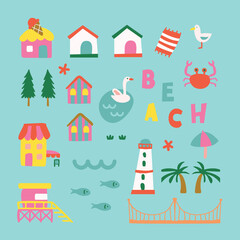 beach town decoration, design element, pattern with house and tree, cute icon, illustration for child.