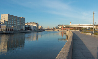 Moskva river on a sunny morning. View of Moskvoretskaya embankment