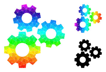 Low-poly gear mechanism icon with spectrum colored. Rainbow colored polygonal gear mechanism vector filled with scattered colorful triangles.