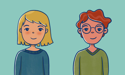 Handdrawn illustration of smart girl and boy