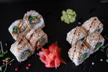 A traditional Japanese dish based on seafood. Sushi.