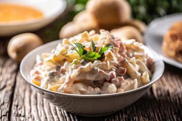 Traditional potato salad with vegetables and mayonnaise
