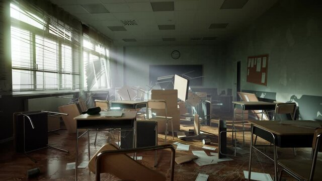 Demolished classroom with overturned desks and chairs. Damaged teaching class.