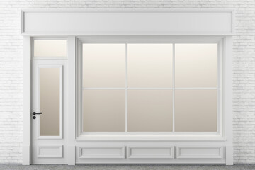 Shop Front. Exterior horizontal windows empty for your store product presentation or design loft style with brick wall 3d rendering