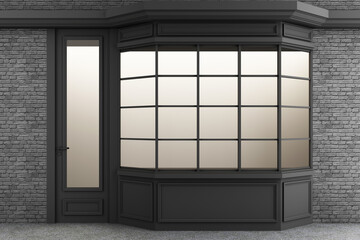 Shop Front. Exterior horizontal windows empty for your store product presentation or design loft style with brick wall 3d rendering