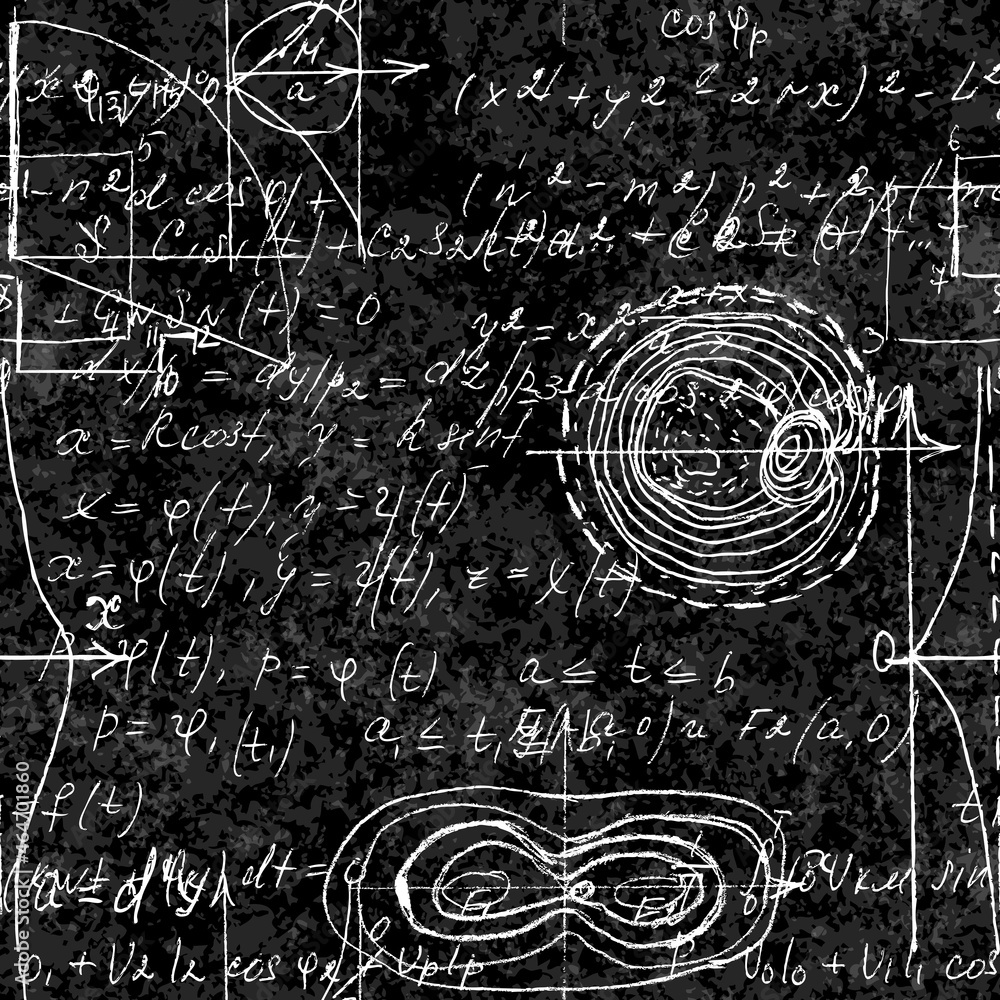 Poster seamless endless pattern background with handwritten mathematical formulas, math relationship or rul