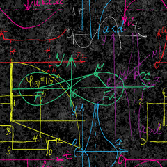 Seamless pattern of Math and Geometry, endless handwriting and drawing of various graph solutions on chalk boards. Mathematics subjects graphics. College lectures. Vector. - obrazy, fototapety, plakaty