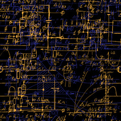 Scientific seamless texture with handwritten formulas and electronic components. Physics and schematic diagram and circuit of  the devices. Vector.