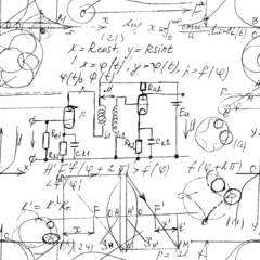 Scientific seamless texture with handwritten formulas and electronic components. Physics and schematic diagram and circuit of  the devices. Vector.