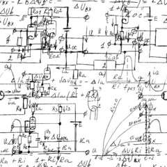Scientific seamless texture with handwritten formulas and electronic components. Physics and schematic diagram and circuit of  the devices. Vector.