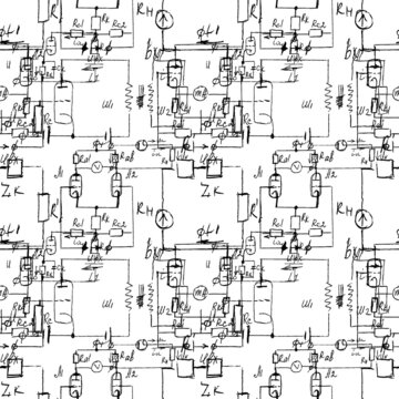 Scientific seamless texture with handwritten formulas and electronic components. Physics and schematic diagram and circuit of  the devices. Vector.