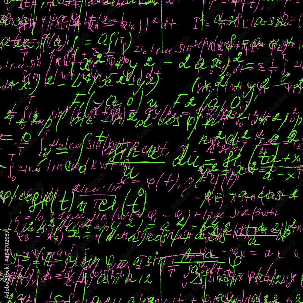 Poster seamless math black board with handwritten mathematical and physics formulas and proves. vector